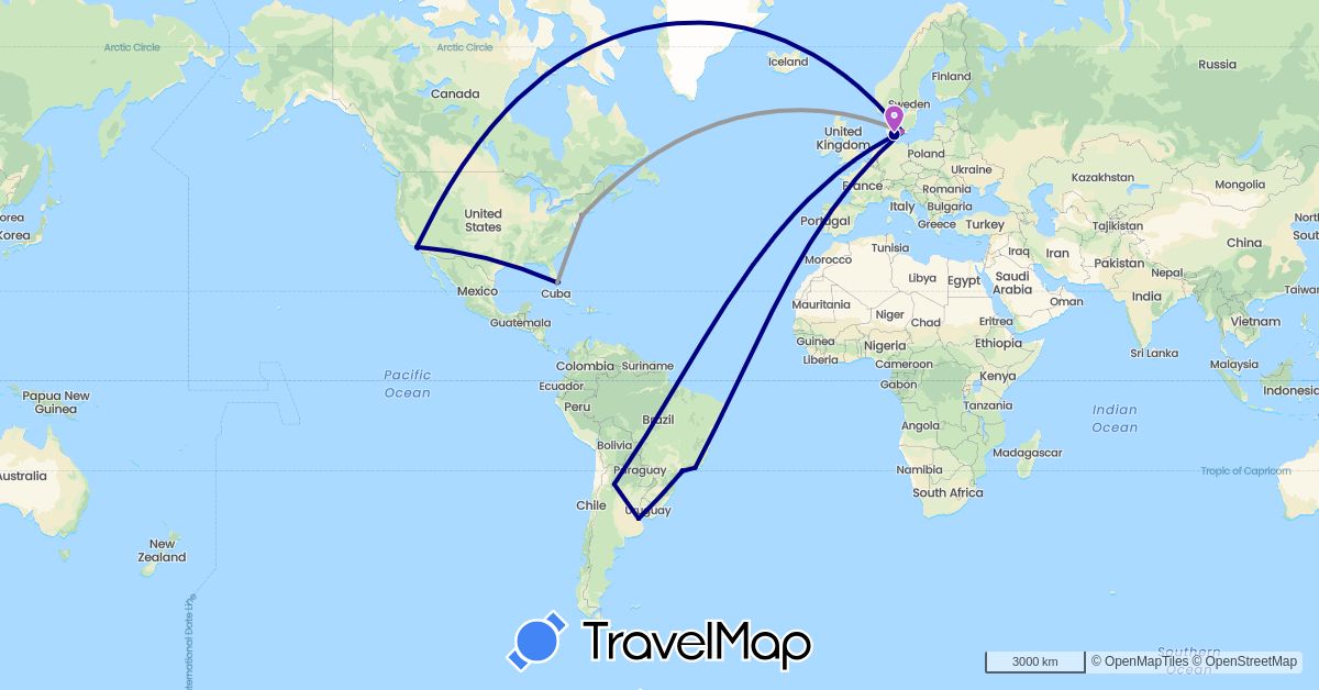 TravelMap itinerary: driving, plane, train in Argentina, Brazil, Denmark, United States (Europe, North America, South America)